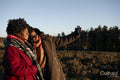 Two senior women taking selfie in moorland