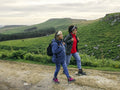 Women hiking in countryside