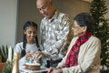 Smiling girl with grandparents decorating Christmas cake