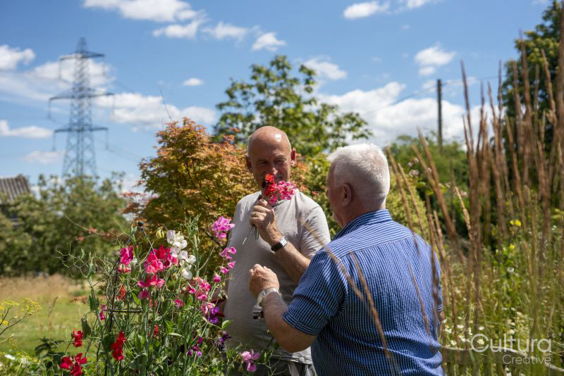 Senior male couple smelling flowers