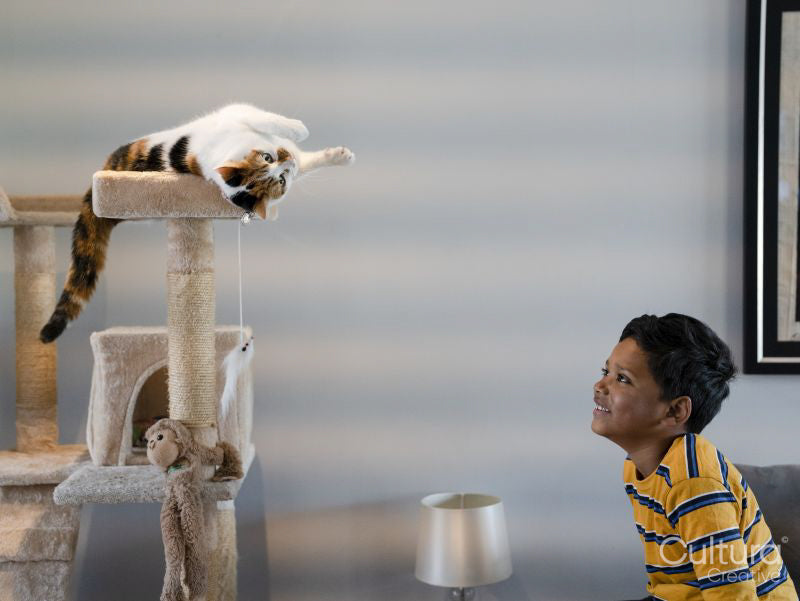 Boy looking at cat on scratching post at home