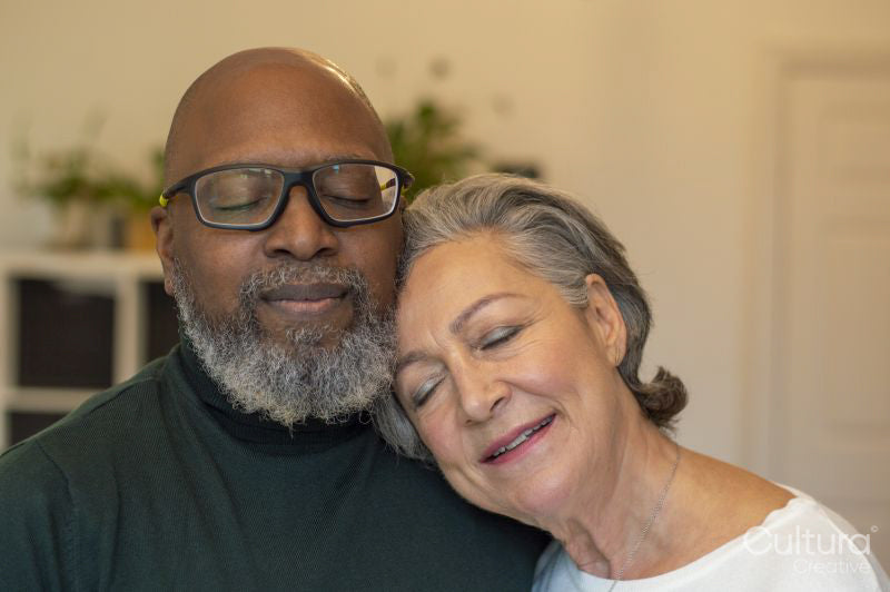 Portrait of senior couple with eyes closed