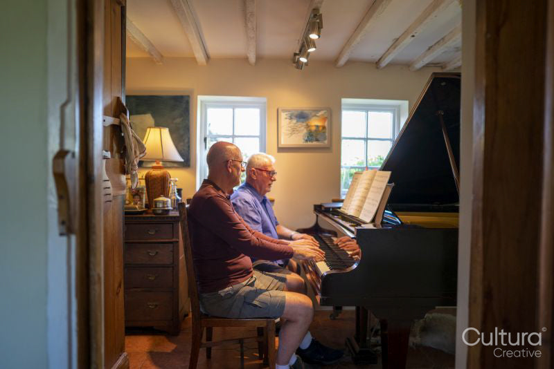 Senior male couple playing piano at home