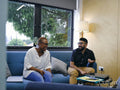 Coworkers in office lounge area