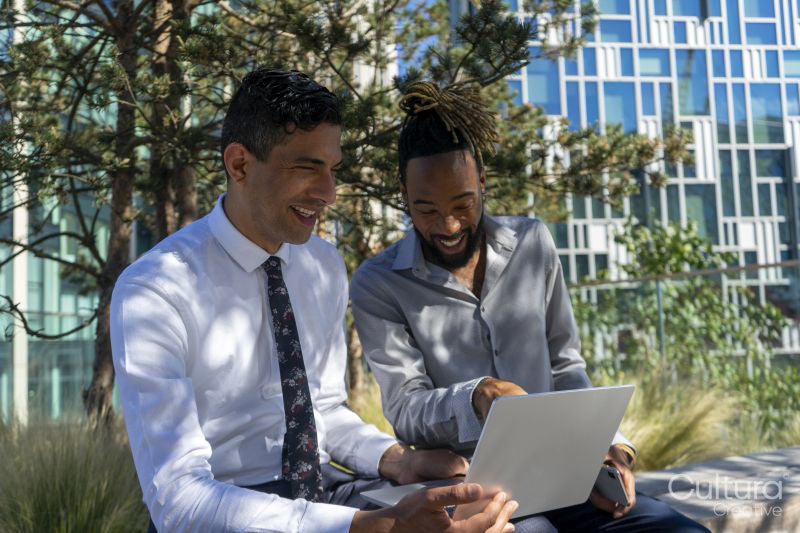 Two businessmen using laptop in business district
