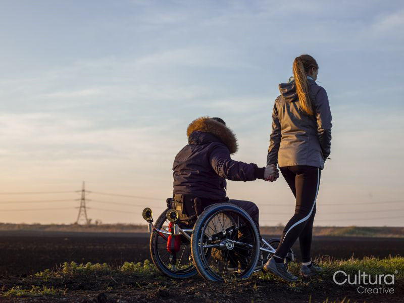 Rear view of woman and man on wheelchair in field at sunset