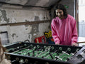 Women playing foosball