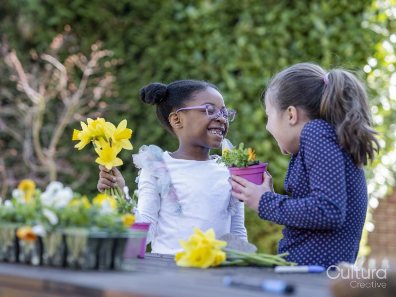 Girl friends potting plants in back yard