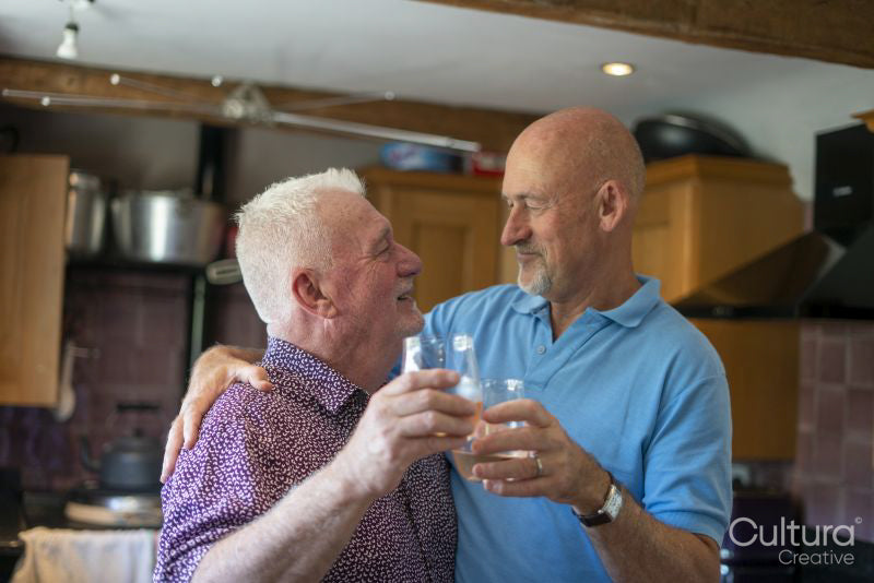 Senior male couple raising toast