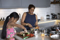 Smiling mother and daughter cooking in kitchen