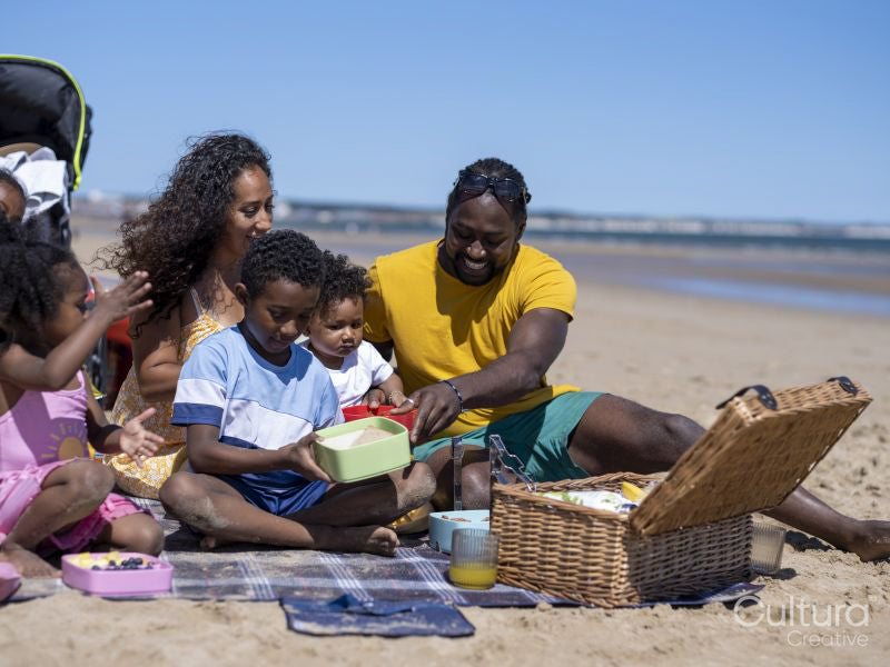 Family with children having picnic on beach