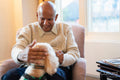 Senior man sitting in armchair and petting dog