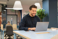 Smiling businessman working on laptop in office