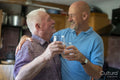 Senior male couple raising toast