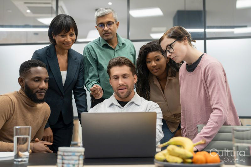Business people using laptop in office