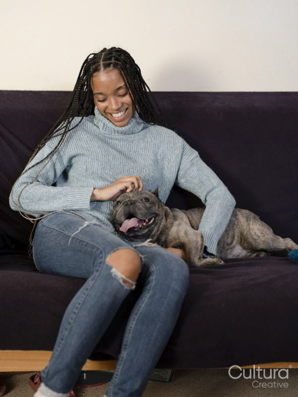 Woman stroking French Bulldog on sofa at home