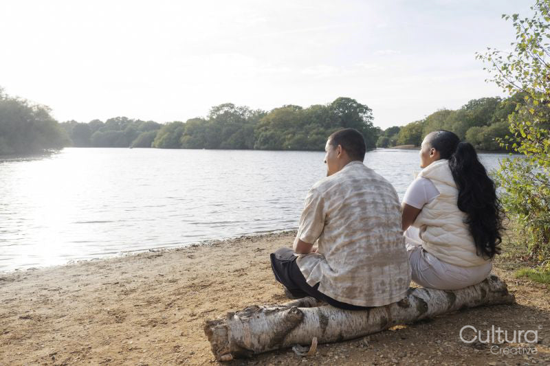 Rear view of couple sitting on lakeshore