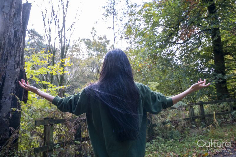 Rear view of woman meditating in forest