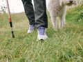 Legs of woman hiking with dog in grassy field