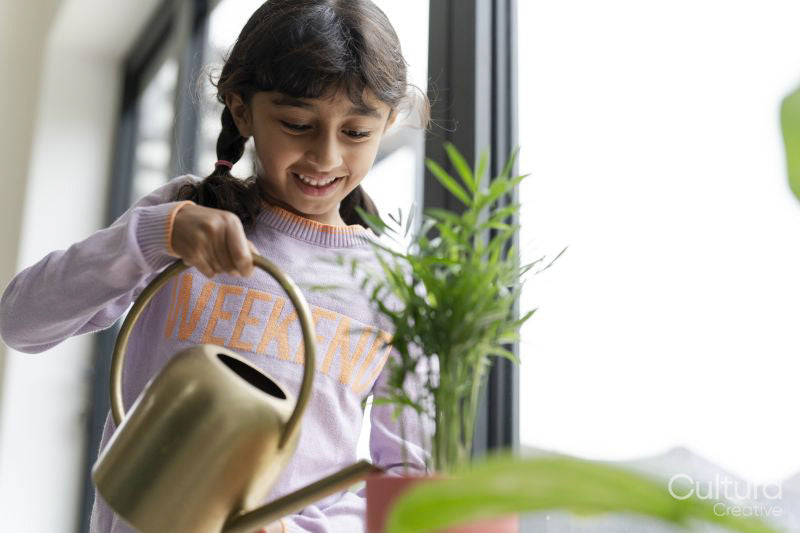 Little girl watering plant at home