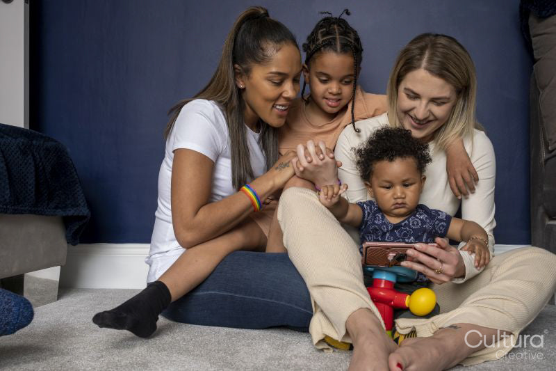 Mothers and sons looking at smart phone