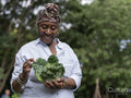 Smiling mature woman holding cabbage in allotment