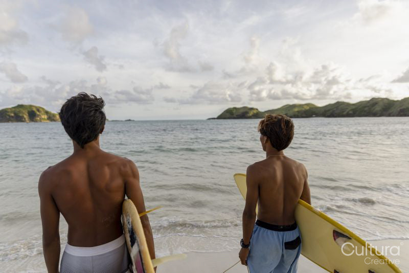 Indonesia, Lombok, Rear view of surfers looking at sea from beach