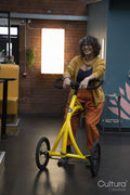 Portrait of mature woman with three-wheel walker in office