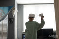 Boy using virtual reality headset at home