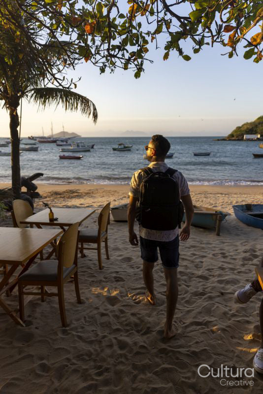 Rear view of man with backpack on beach