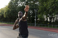 Portrait of shot putter preparing to throw