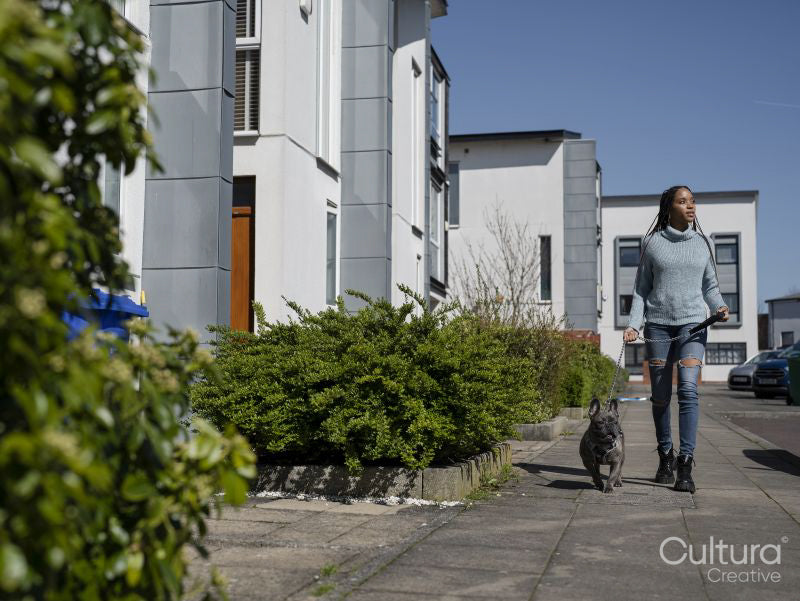 Woman walking with dog in residential district on sunny day