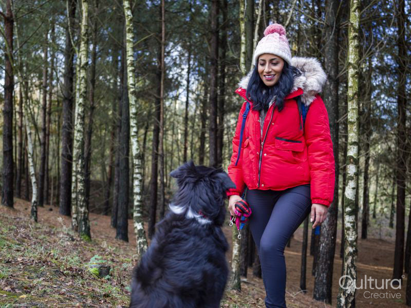 Woman hiking in forest with dog