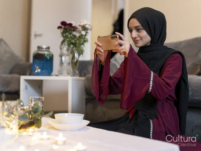 Woman photographing with smart phone during Ramadan at home