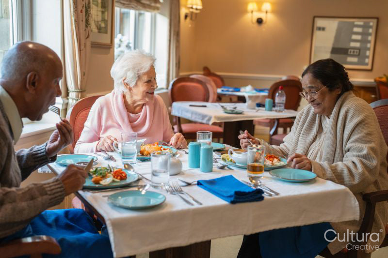 Group of seniors talking and dining at cafeteria in nursing home