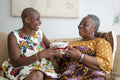 Smiling woman giving gift to mother at home