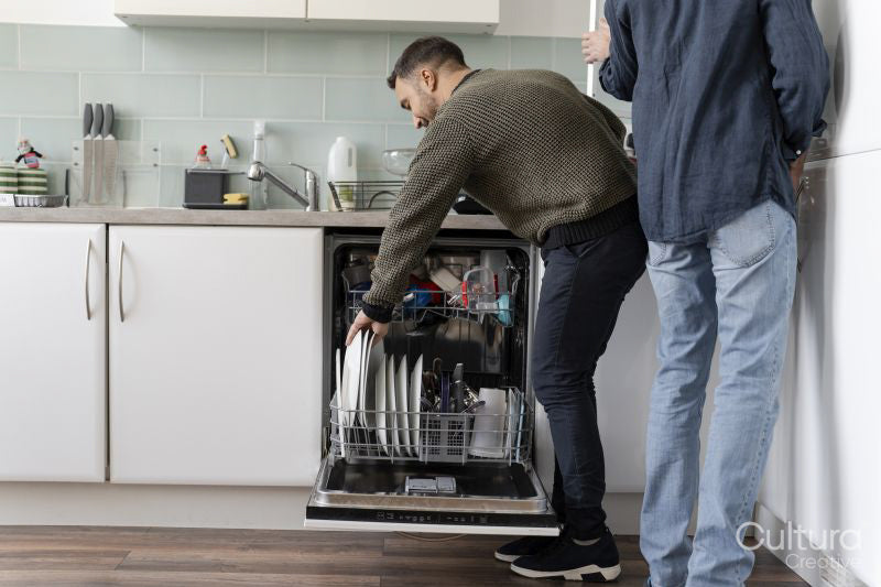 Male couple unloading dishwasher at home