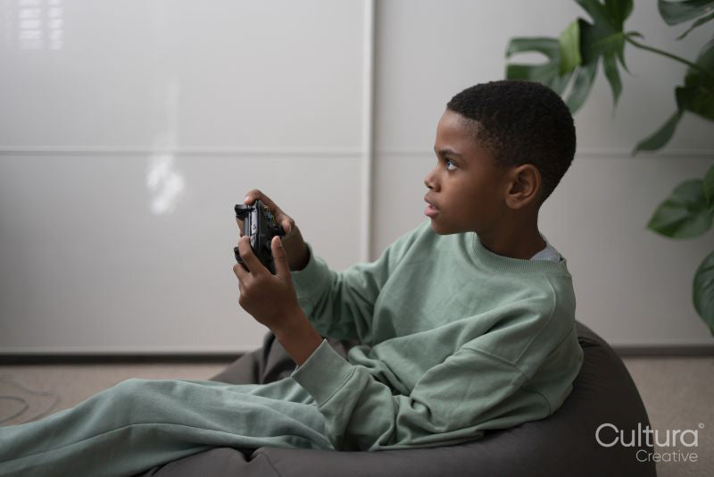 Boy playing video games at home