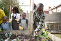 Family with children planting seedlings in garden