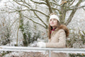 Portrait of smiling woman leaning on frozen railing