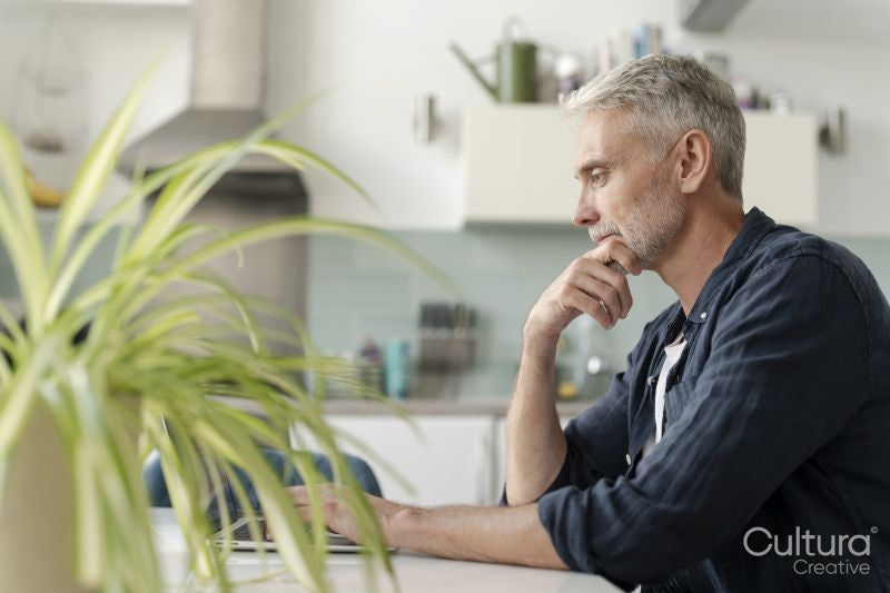 Mature man working on laptop at home