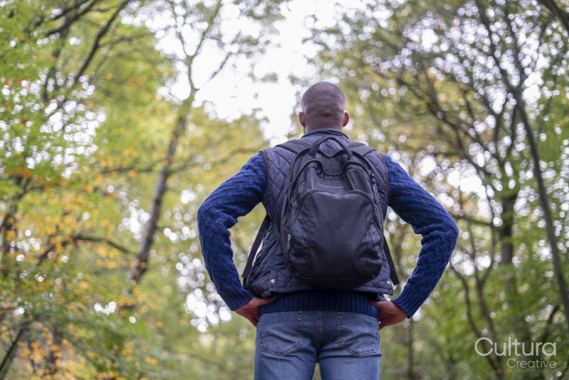 Back view of man with backpack in forest at autumn