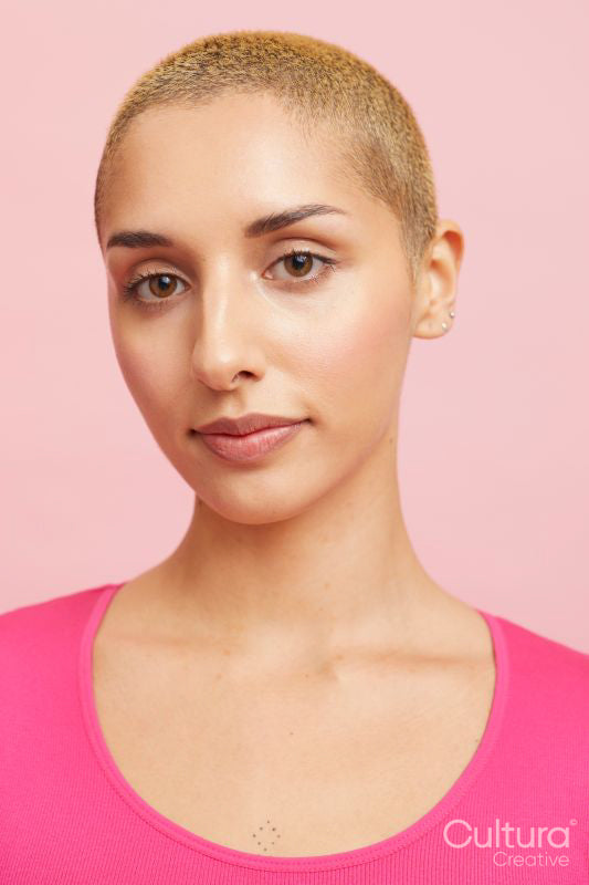 Portrait of woman with short blond hair
