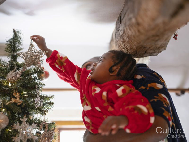 Father with son hanging ornaments on Christmas tree