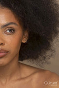 Close-up of woman with black frizzy hair