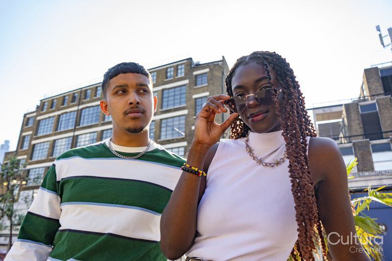 Fashionable young friends in city