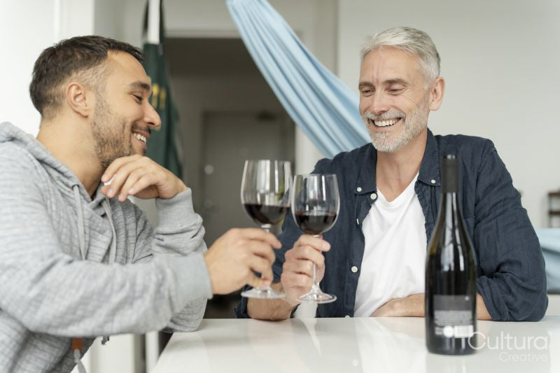 Male couple raising toast with red wine at home