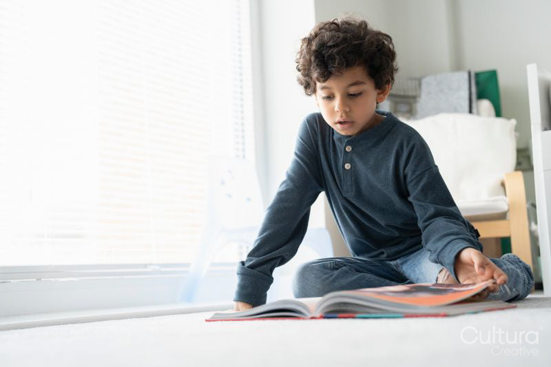 Boy reading book at home