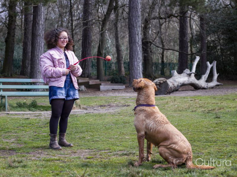 Girl playing with dog in park