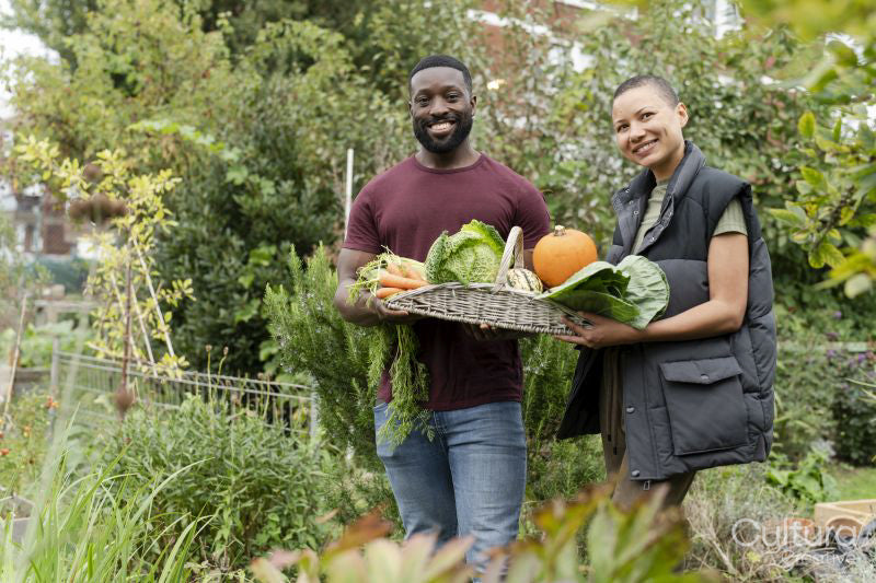 Portrait of smiling couple holding basket with fresh vegetables in urban garden